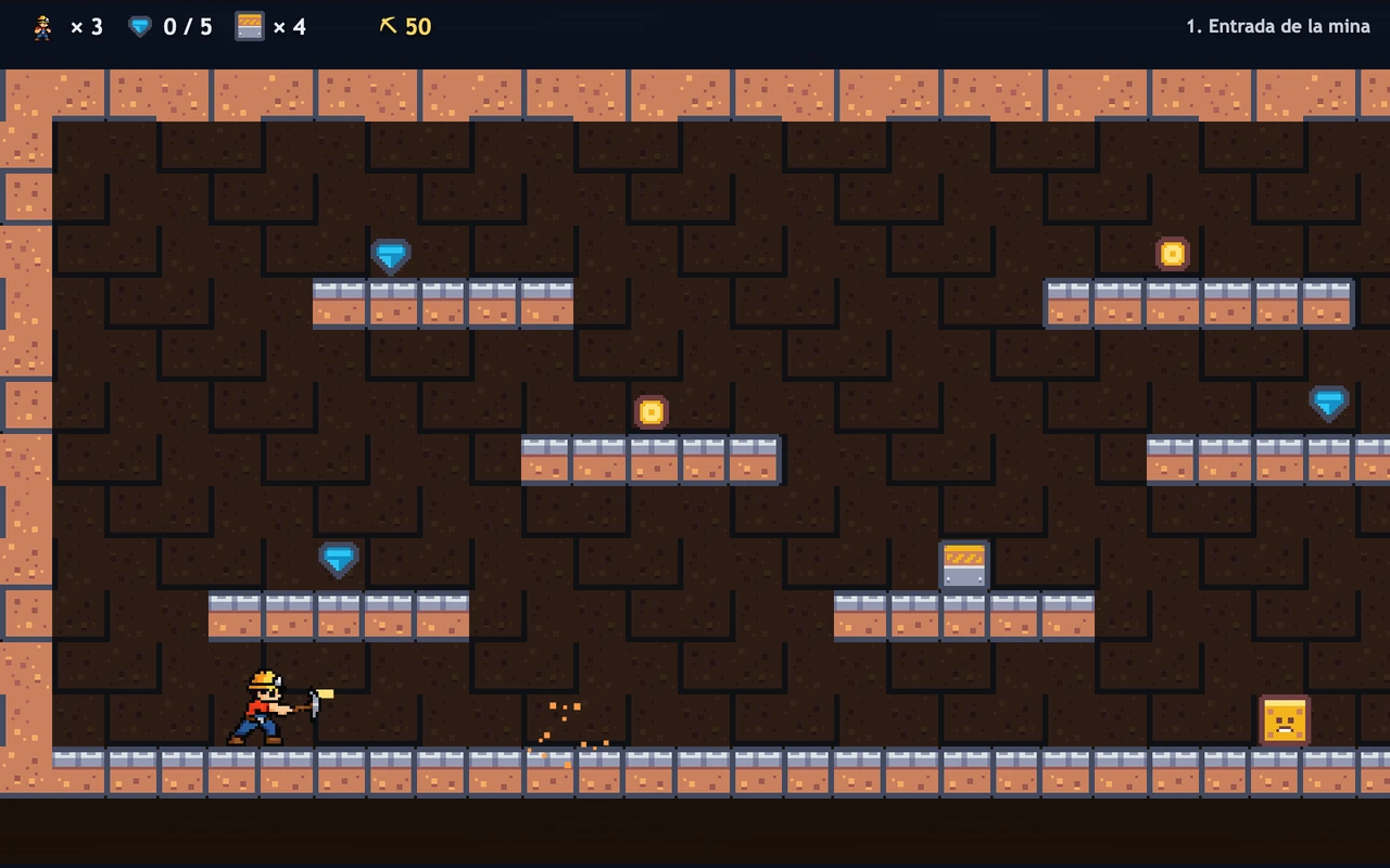 Partida de Crystal Caves: el minero dispara en una galería con cristales y monedas