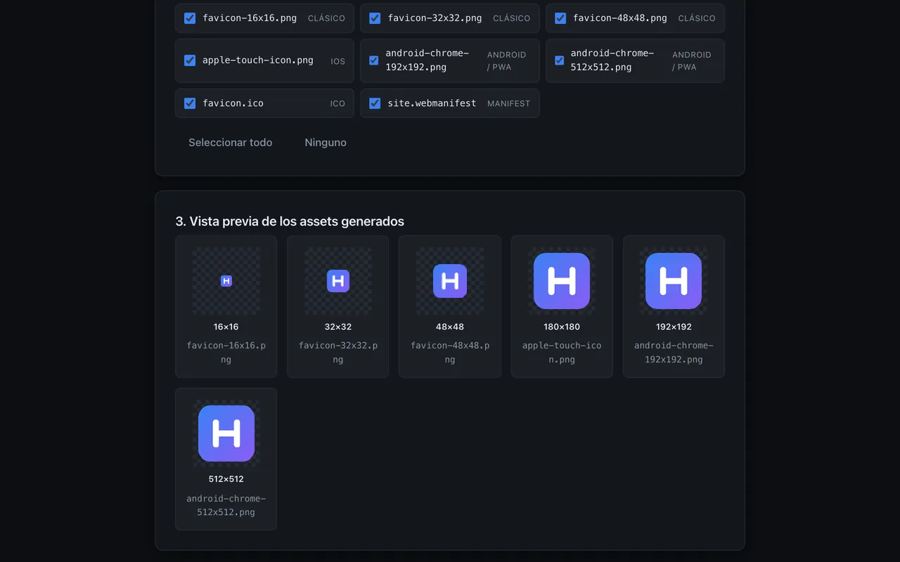 Vista previa de los favicons generados en todos los tamaños