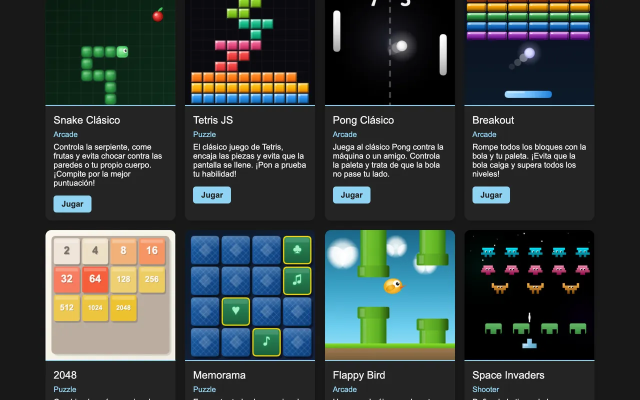 Catálogo de juegos: Snake, Tetris, Pong, Breakout, 2048 y más